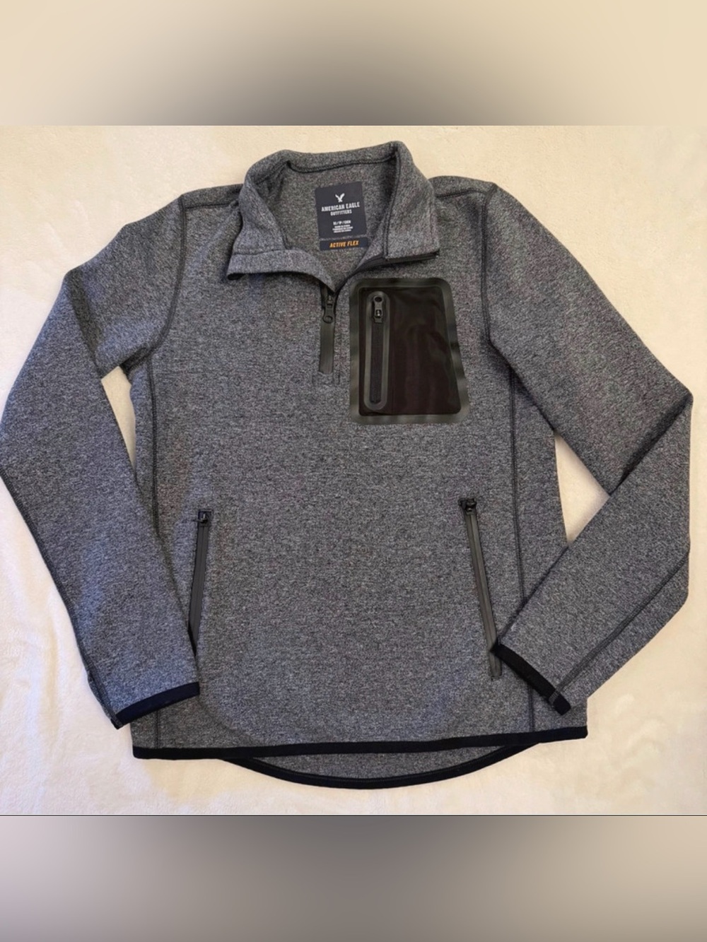 American Eagle Active Flex Quarter Zip Pullover Gray Mens XS Heathered Fleece